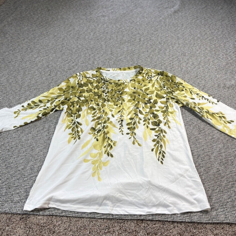 Womens Size Large Green Yellow Botanical Leaf Print Long Sleeve Tunic Top
